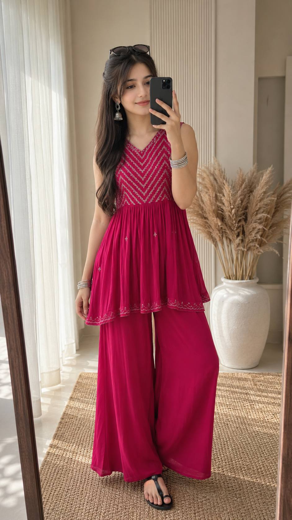 Ultra-Realistic Fuchsia Pink Ethnic Co-Ord Mirror Selfie | 9:16 8K Fashion Portrait Ai Prompt
