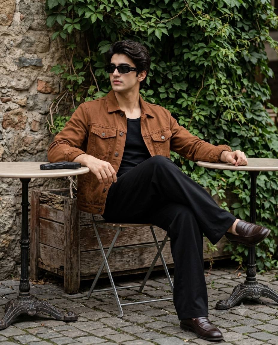 Ultra-Realistic Full-Body Men's Outdoor Fashion Portrait: Stylish Guy in Brown Jacket with Glock 19 | AI image prompt