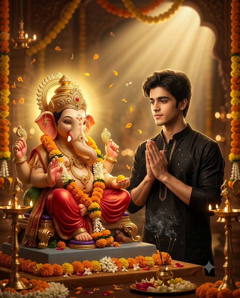 Ultra-Realistic Ganesh Chaturthi Portrait: Young Man & Lord Ganesha Idol AI prompt