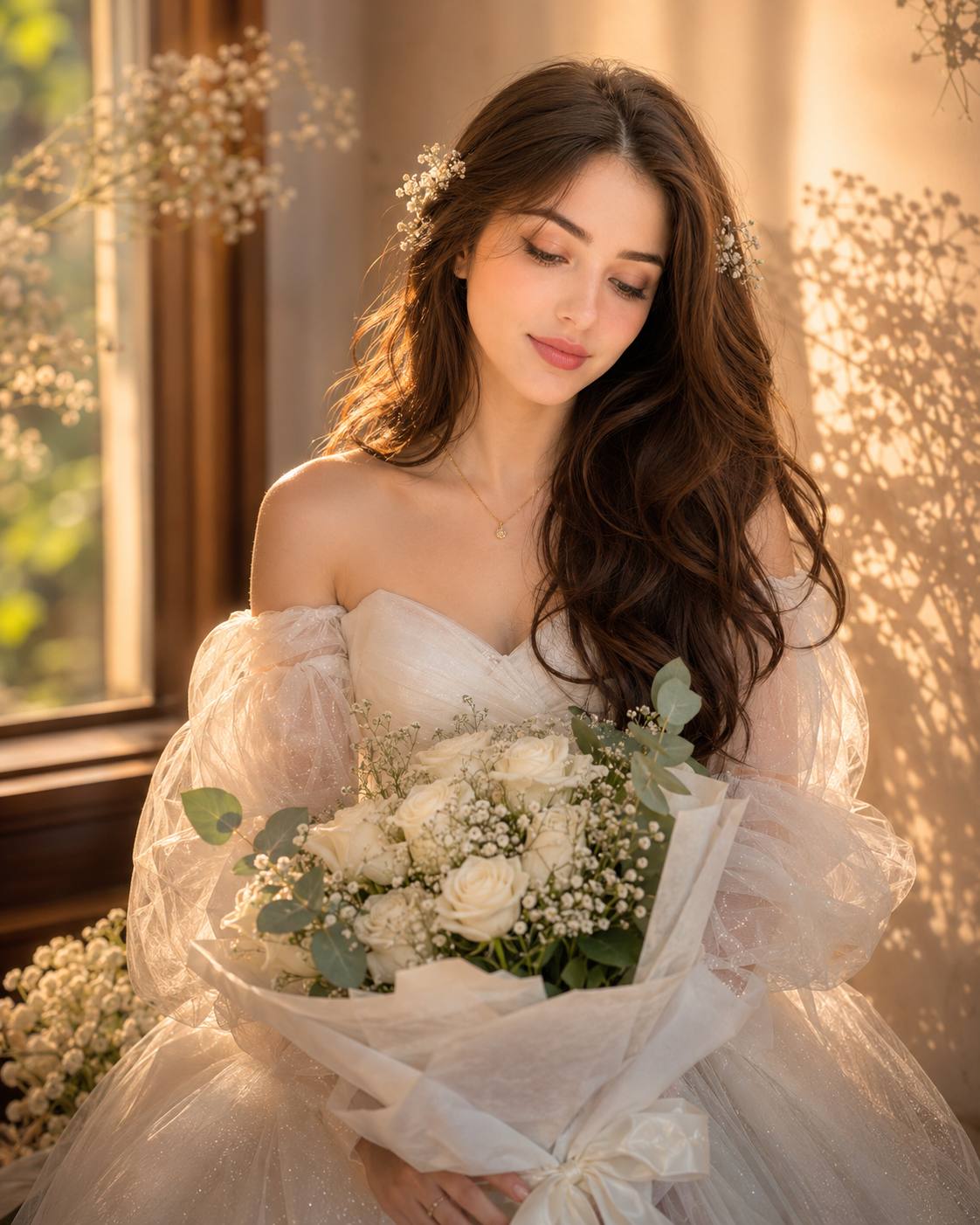 Ultra-Realistic Golden Hour Bridal Portrait in White Tulle Wedding Gown AI Image Prompt