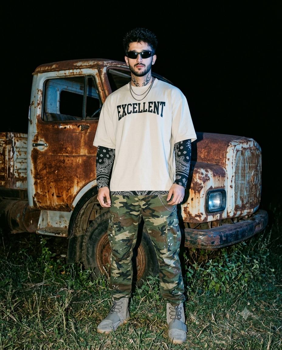 Ultra-Realistic Grunge Night Fashion Portrait with Rusted Truck and Streetwear Style