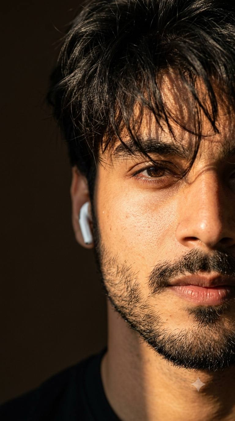 Half-face male portrait AI prompt | Messy hair, earbud & golden-hour light