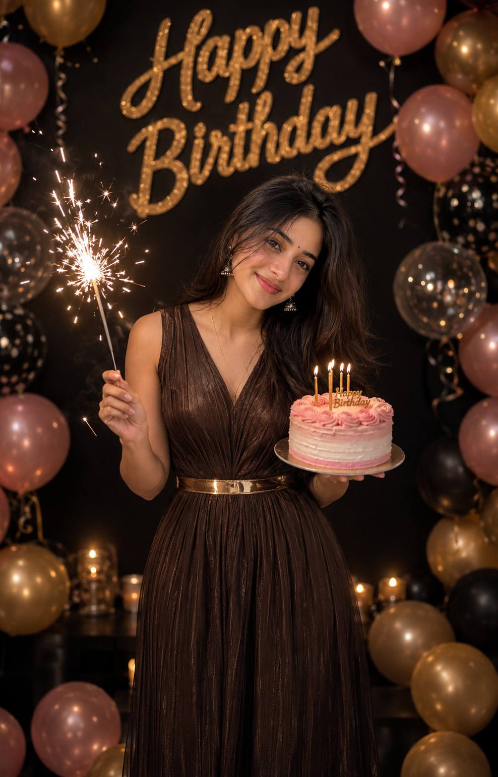 Ultra-Realistic Happy Birthday Sparkler Portrait in Elegant Bronze Gown | AI Image Prompt