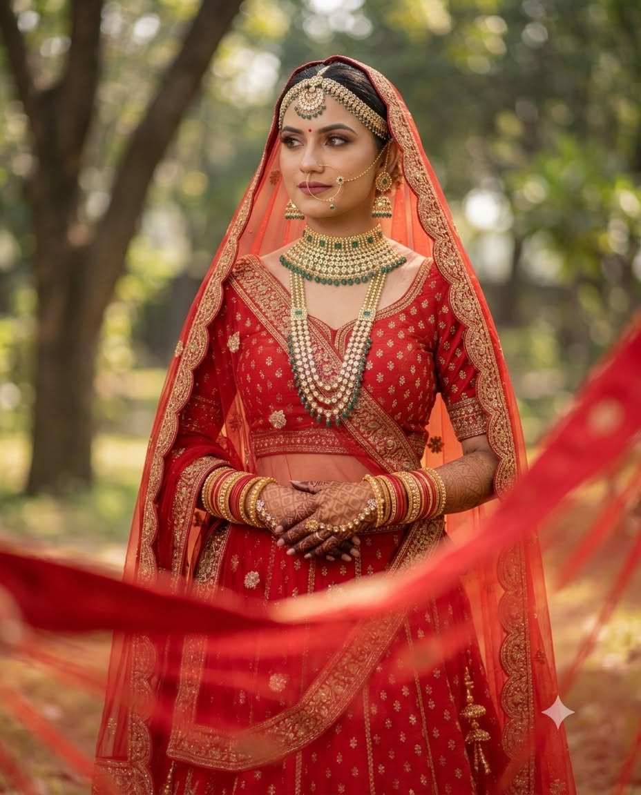 Ultra-Realistic Indian Bridal Portrait: Outdoor Garden & Red Lehenga AI Prompt