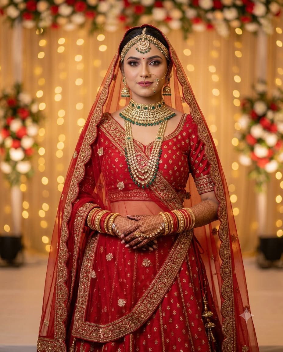 Ultra-Realistic Indian Bridal Portrait: Red Lehenga & Kundan Jewelry AI Prompt (85mm Lens)