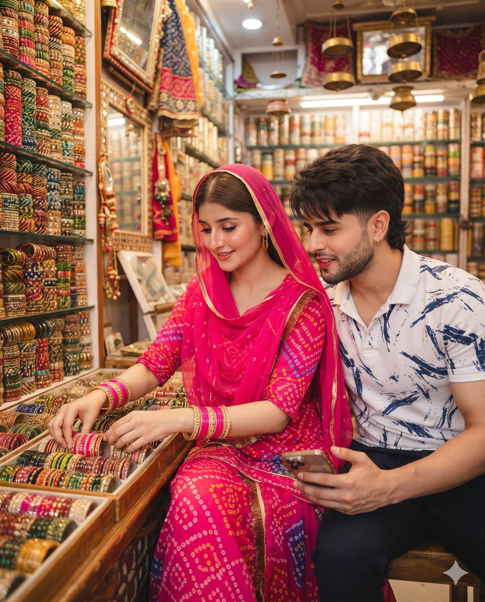 Indian Couple AI Image Prompt Gemini | Rajasthani Bangle Shop & Candid Traditional Photography