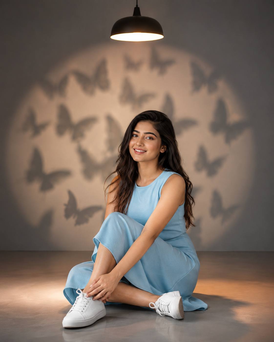 Ultra-Realistic Indian Girl Sky-Blue Dress Studio Portrait AI Image Prompt