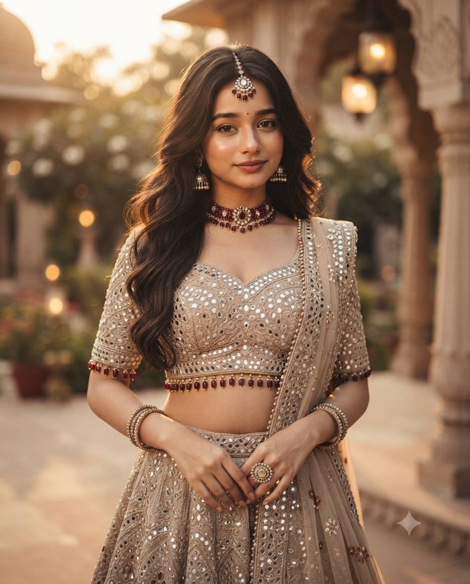 Indian Palace Portrait in Embellished Lehenga | 8K Cinematic AI Fashion prompt