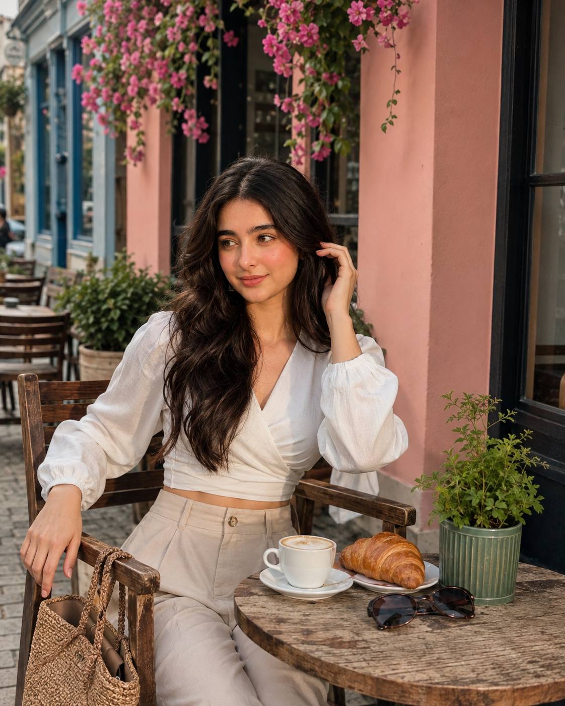 Ultra-Realistic Woman at European Café with Coffee & Croissant | 8K AI Portrait Ai Prompt