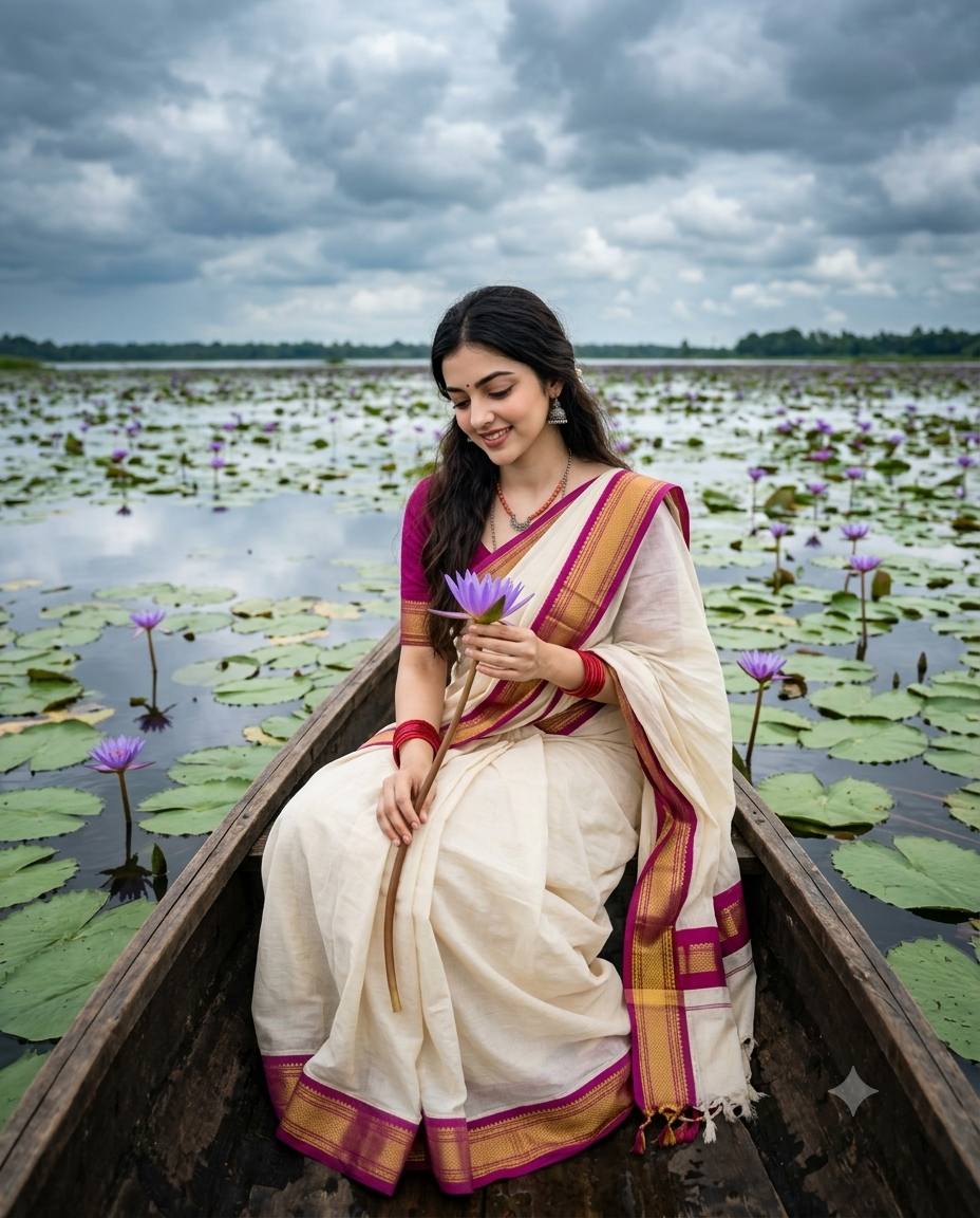 Ultra Realistic Indian Woman in Canoe among Lotus Lake – Photorealistic Cinematic Portrait | AI image prompt