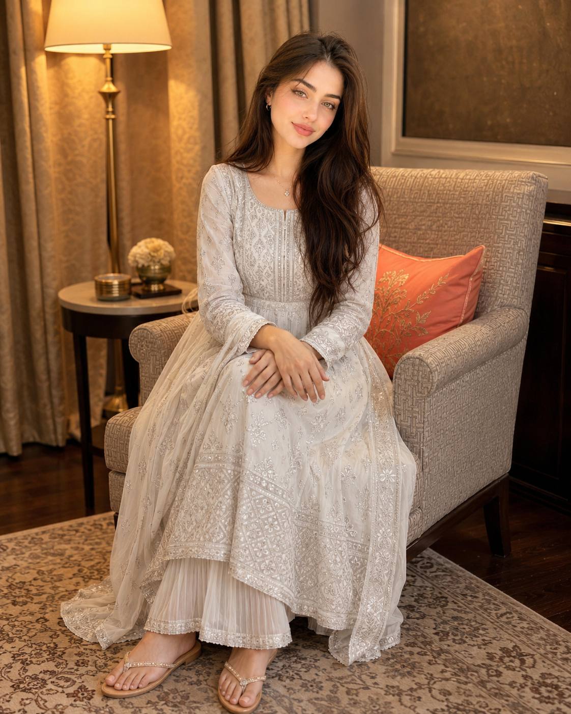 Ultra-Realistic Woman in Elegant White Anarkali Luxury Living Room Portrait AI Image Prompt