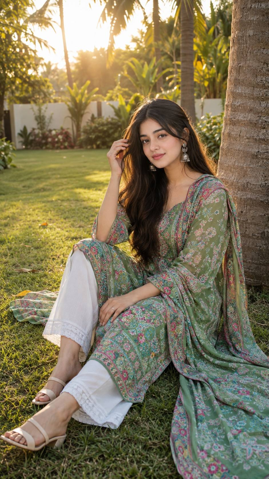 Indian Woman in Green Traditional Outfit Ai image prompt | Golden Hour Garden Portrait