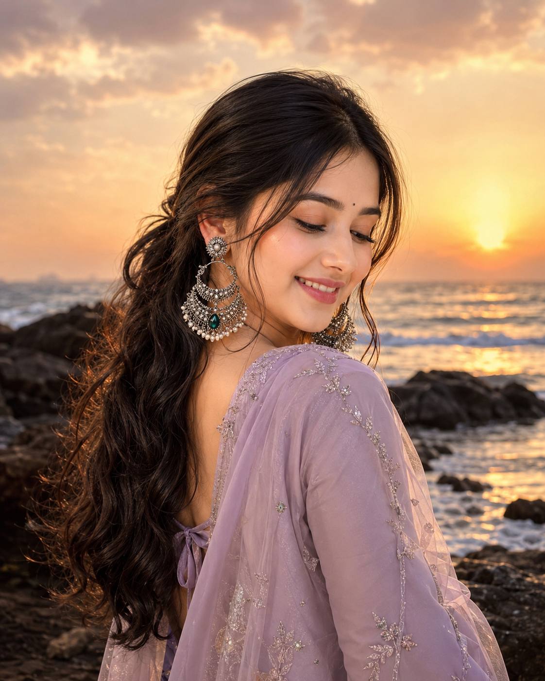 Ultra-Realistic Woman in Lavender Saree on Rocky Beach at Golden Hour | 8K AI Portrait