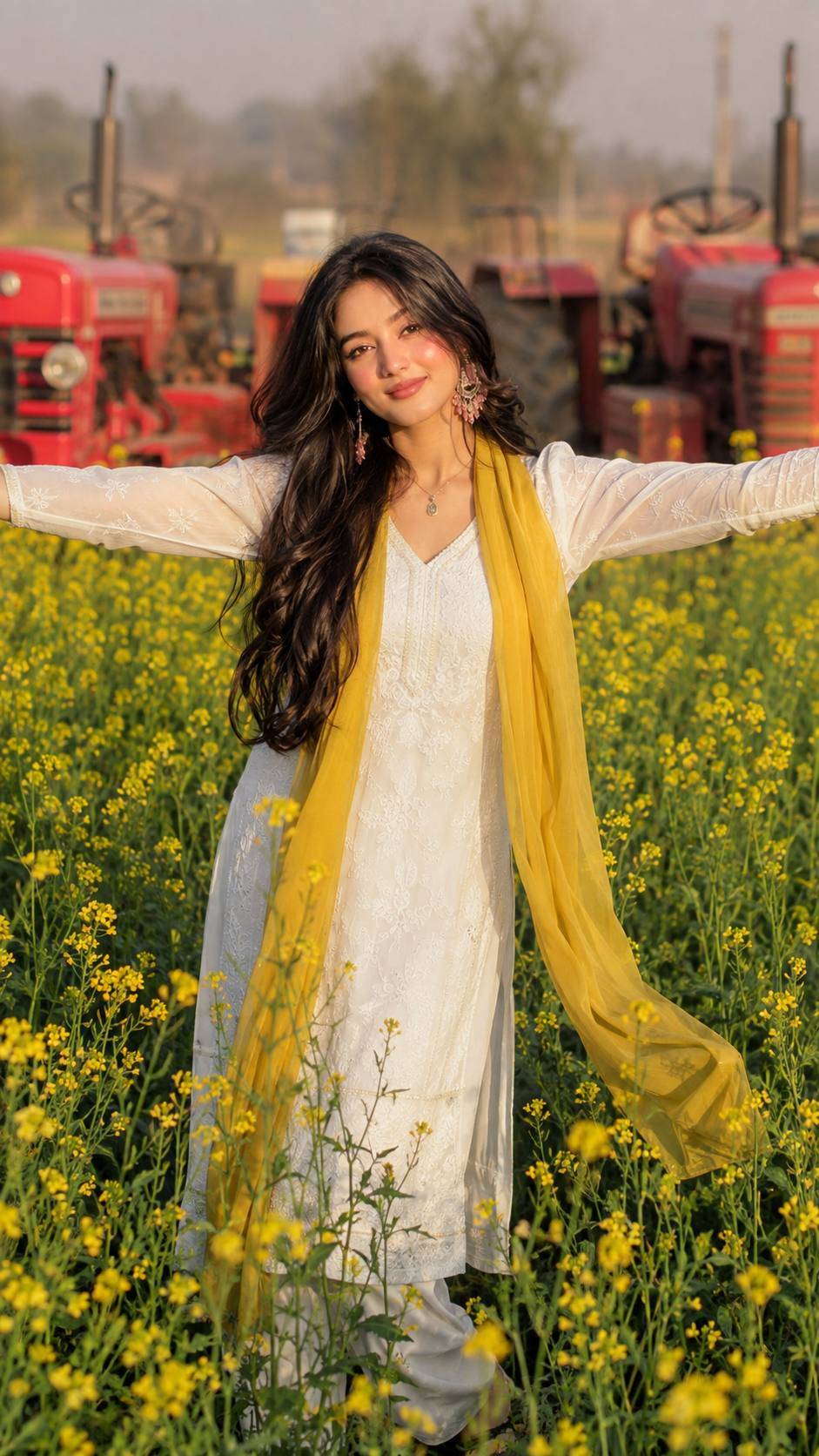 Ultra-Realistic Woman in Mustard Flower Field | Golden Hour AI Portrait Photo Prompt