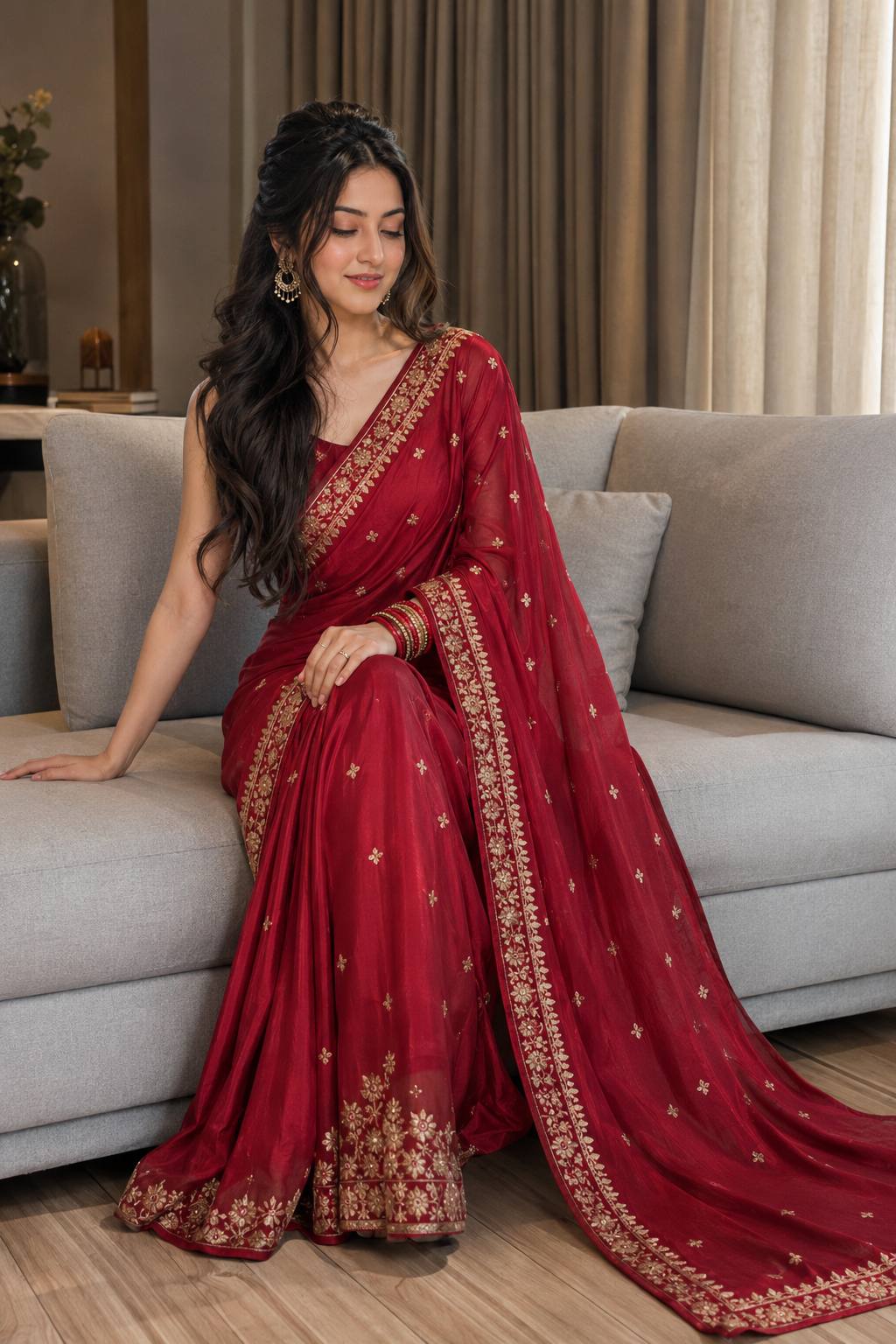 Ultra-Realistic Indian Woman in Red Saree | Elegant Cozy Living Room Portrait Ai Prompt