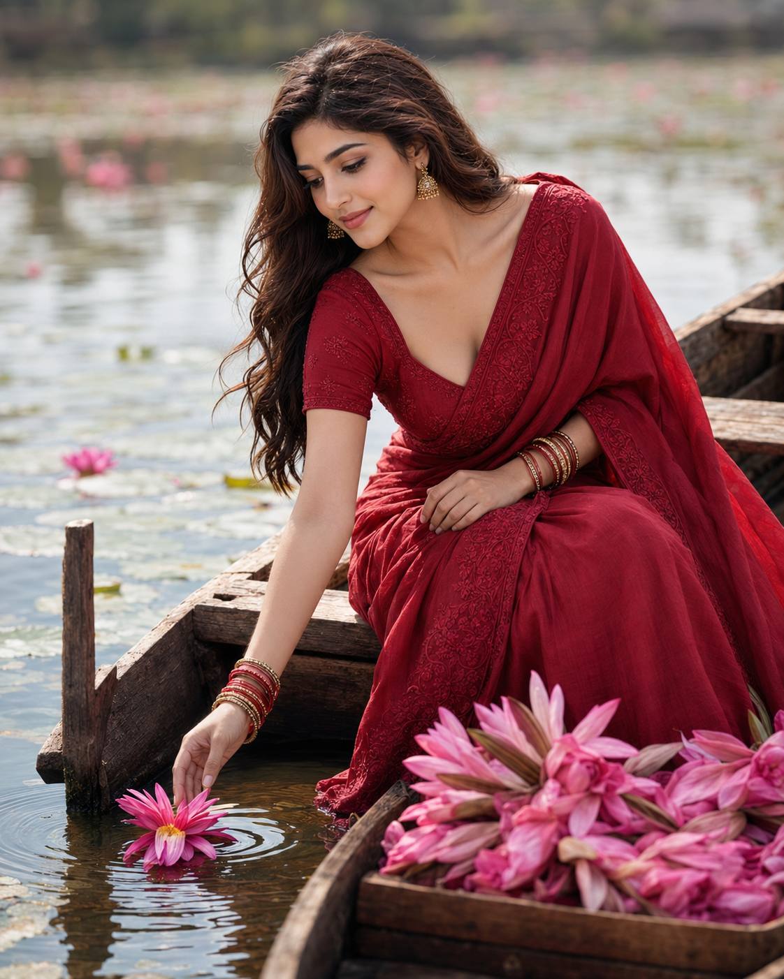 Ultra-Realistic Woman in Red Saree Touching Pink Water Lily | Cinematic Lake Portrait AI prompt