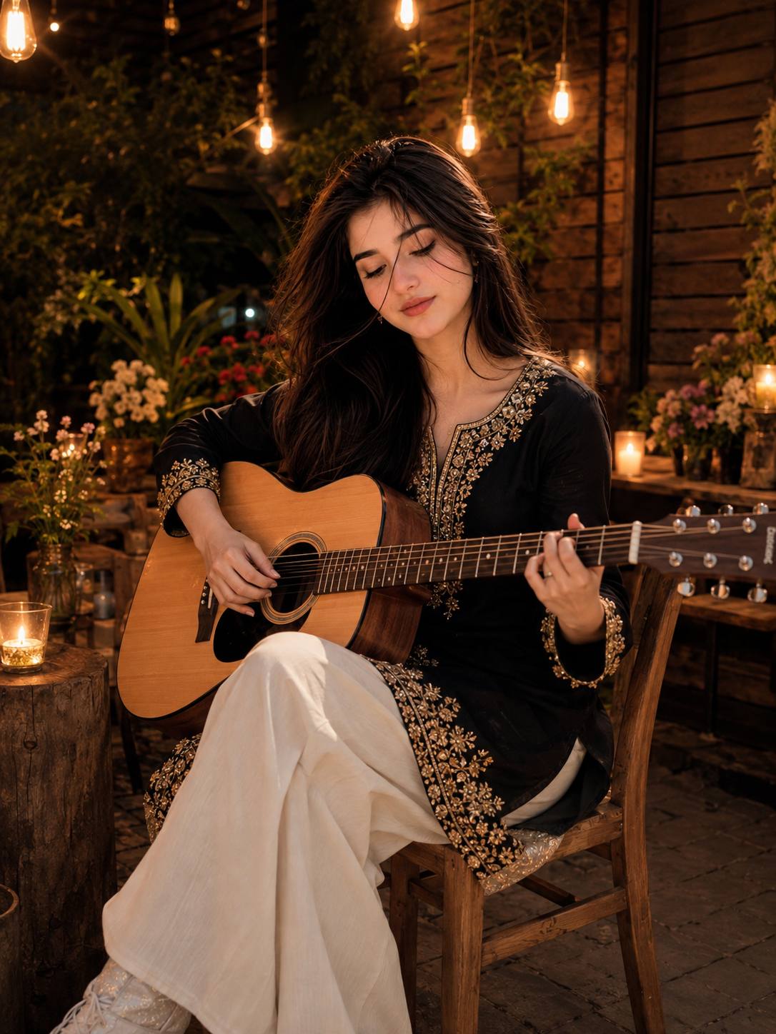 Ultra-Realistic Indian Woman Playing Acoustic Guitar in a Cozy Evening Garden | Cinematic Portrait