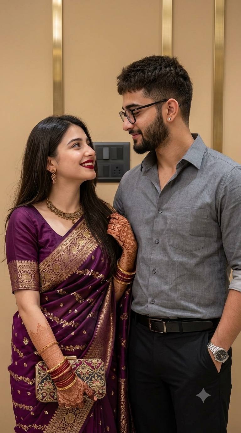 Ultra-Realistic Young South Asian Couple in Purple Zari Saree | AI Image Prompt