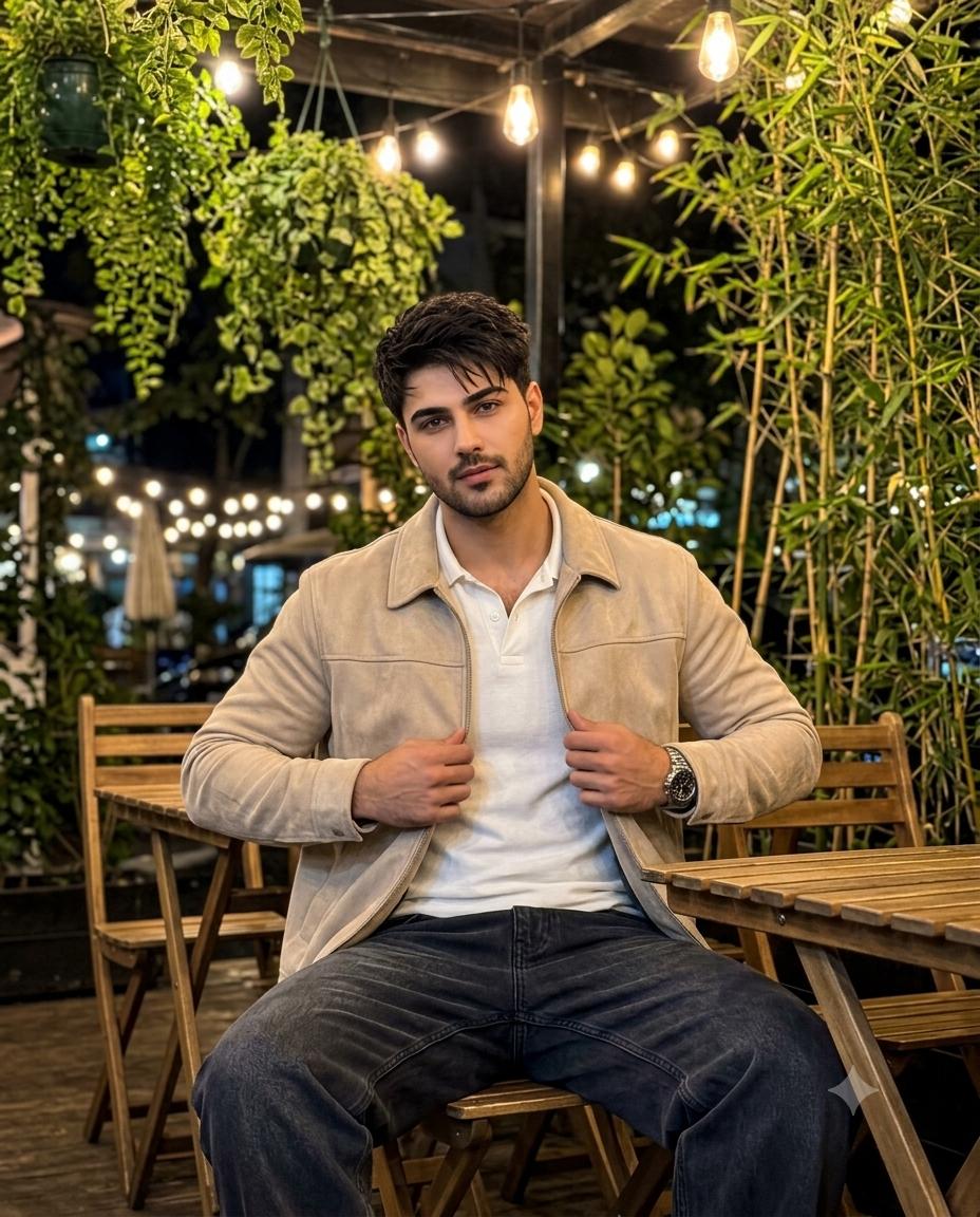 iPhone 15 Pro Max café portrait AI prompt | Beige jacket & green ambience