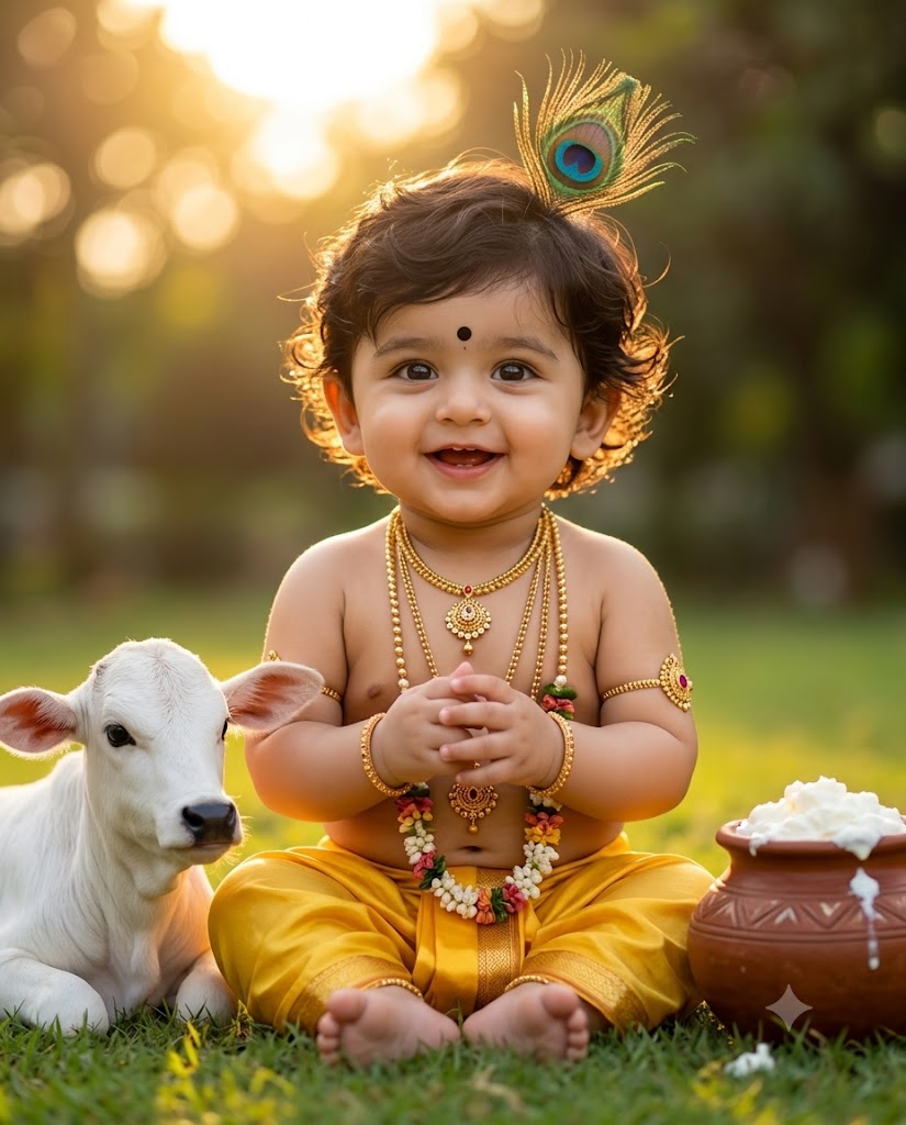 Ultra-Realistic Little Krishna Baby Portrait with White Calf and Makhan | iPhone AI Image Prompt