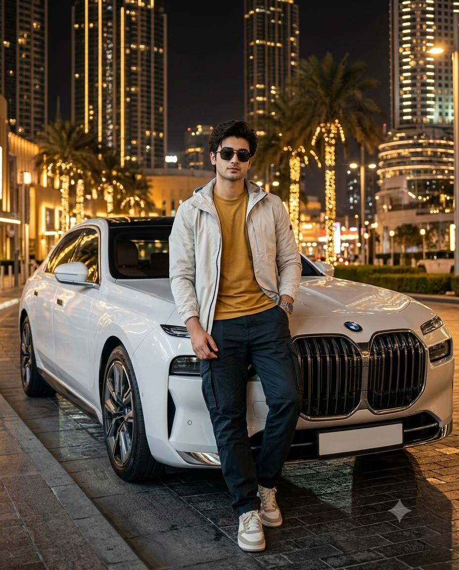Ultra-Realistic Luxury BMW i7 Night Portrait with Cinematic City Lights AI Image Prompt