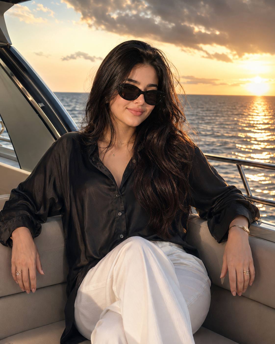 Ultra-Realistic Luxury Yacht Portrait AI Image Prompt for Women at Golden Hour