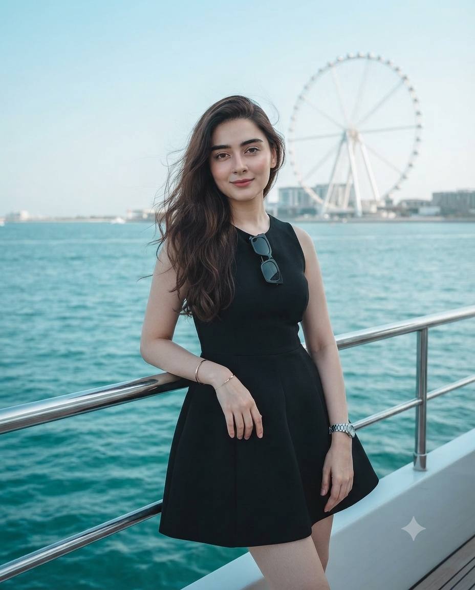 Luxury Yacht Portrait of a Woman with Ain Dubai View | 8K Cinematic AI Prompt