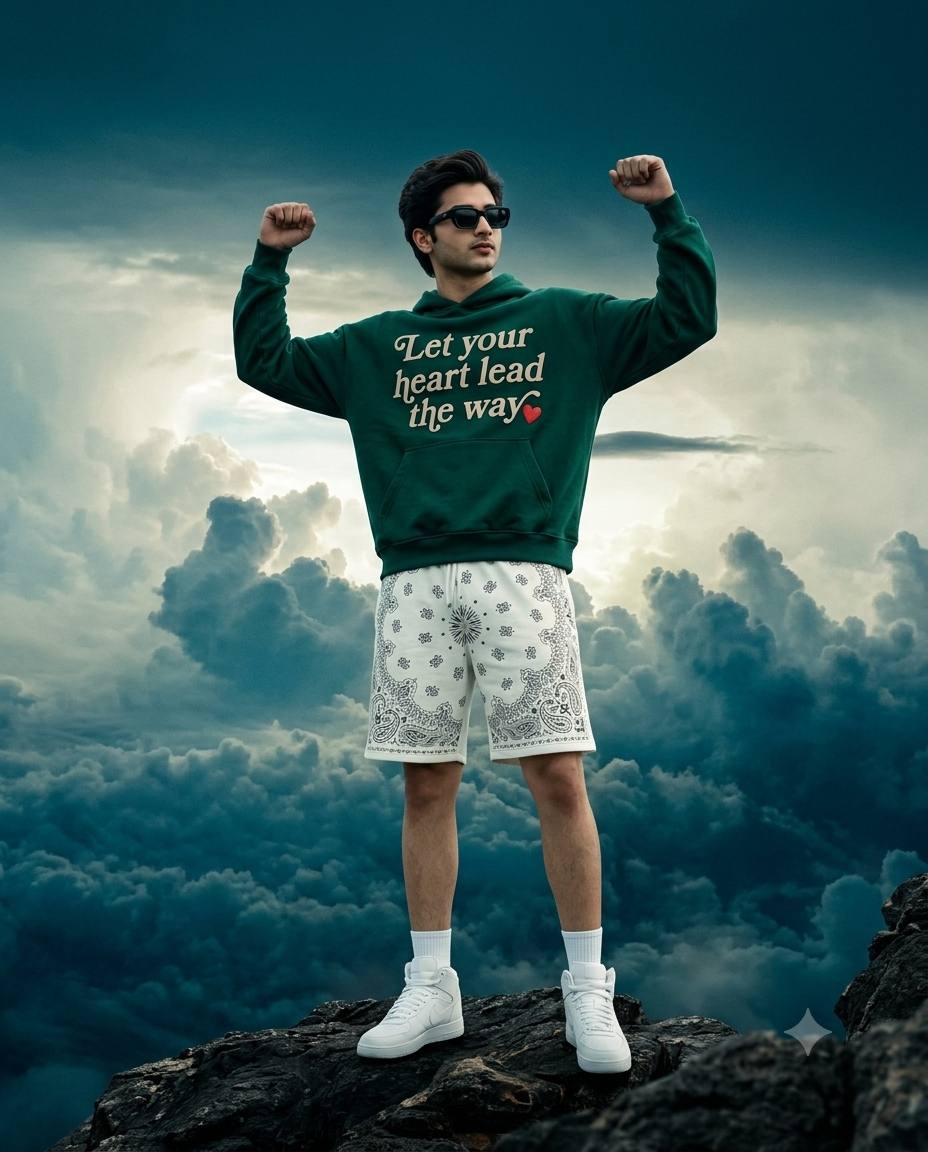 Man Above Storm Clouds in Emerald Green Hoodie | Cinematic AI Image Prompt