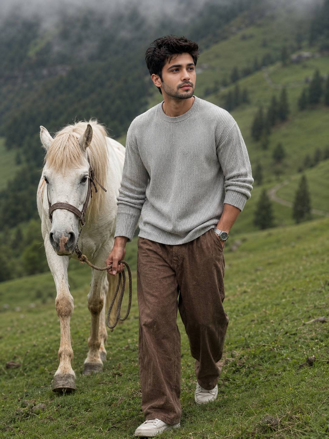 Ultra-Realistic Man Walking with White Horse on Misty Green Hillside | Cinematic Instagram AI Portrait