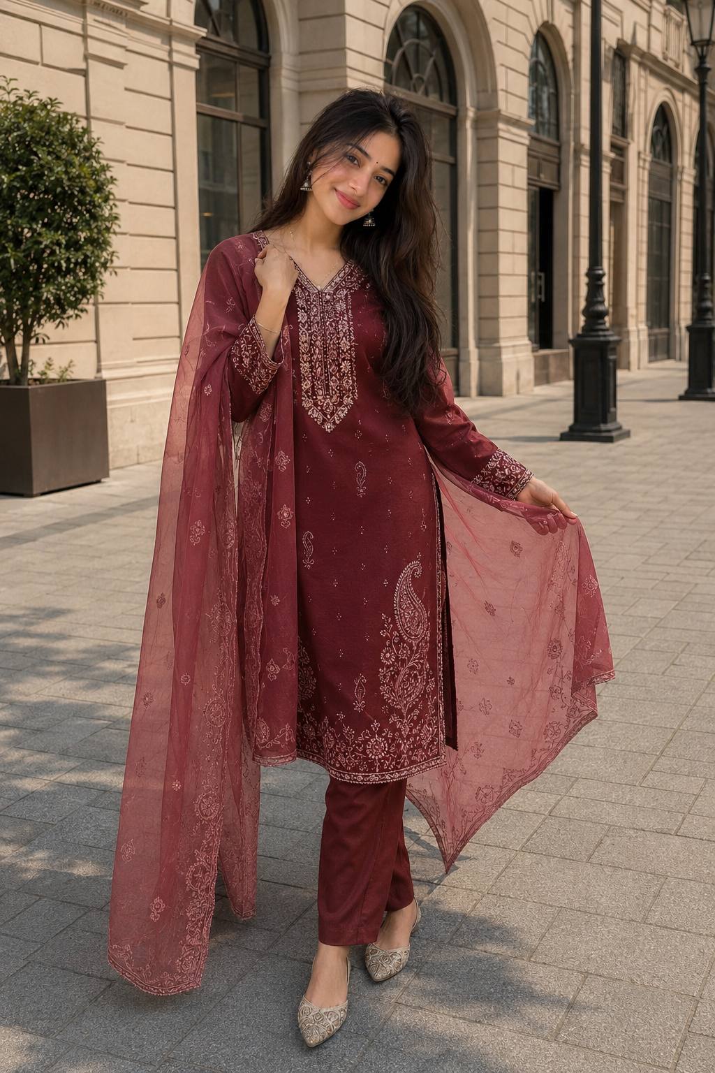 Maroon Traditional Woman Portrait with Embroidered Kurta & Dupatta | AI Photo prompt