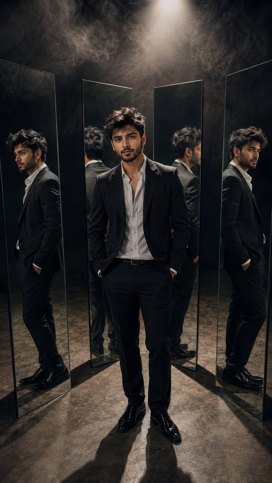 Cinematic Mirror Reflection Portrait of a Stylish Man in Black Suit AI Photo Prompt