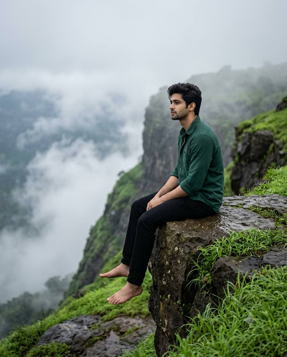 Ultra-Realistic Mountain Travel Portrait AI Image Prompt | Cinematic Monsoon Photography