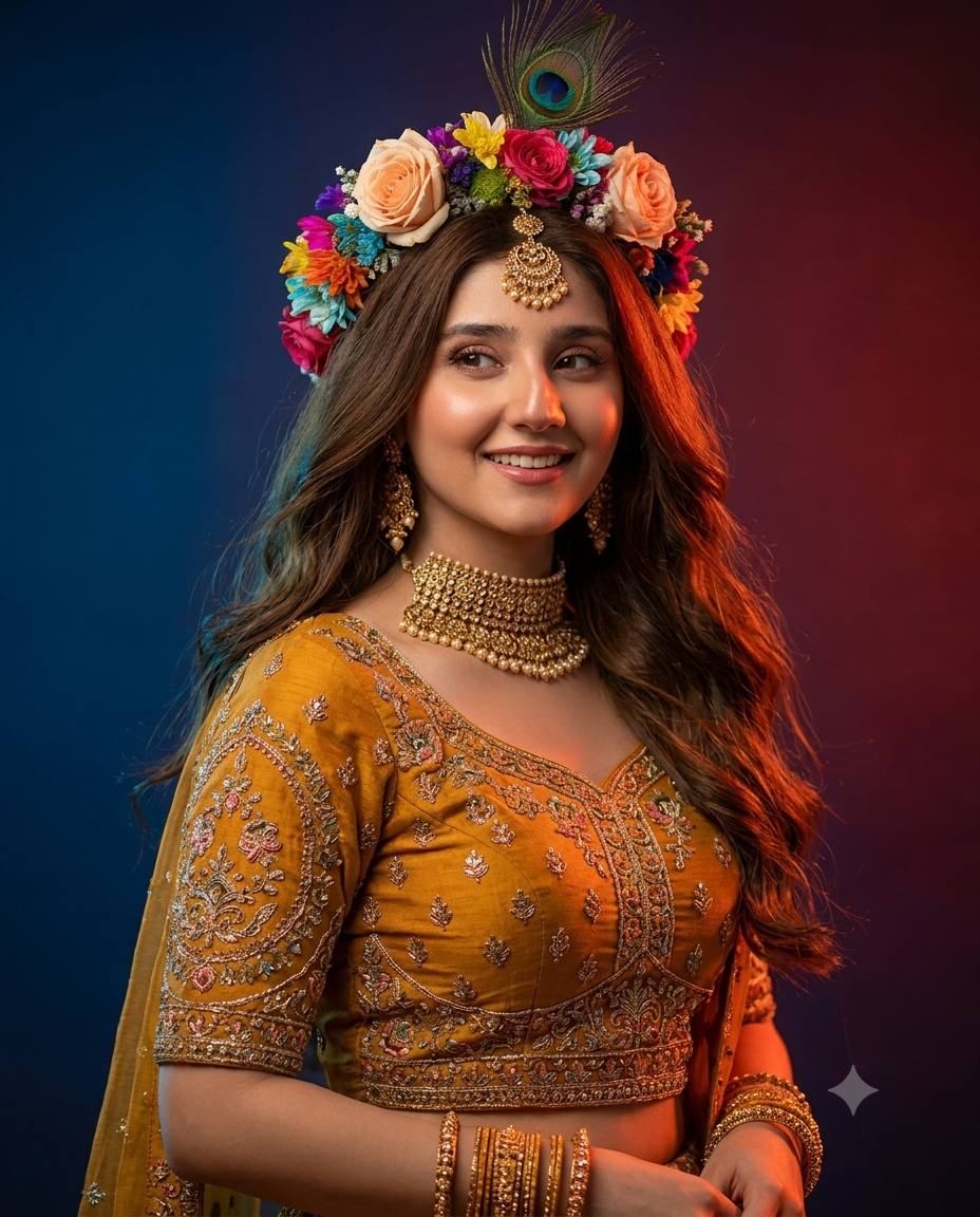 Ultra-Realistic Mustard Yellow Lehenga Portrait with Peacock Feather AI Image Prompt