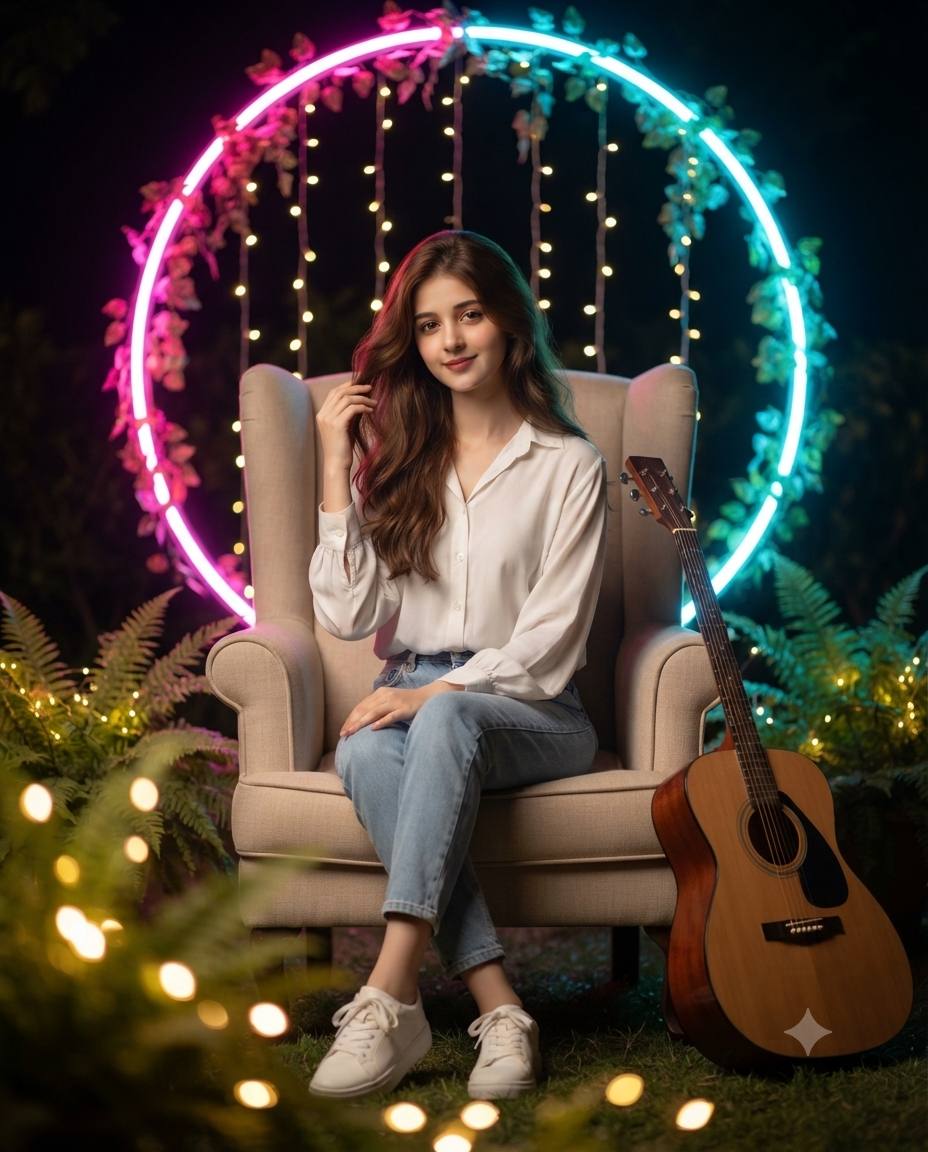Neon Night Garden Portrait of a Woman with Guitar | 8K Cinematic AI prompt