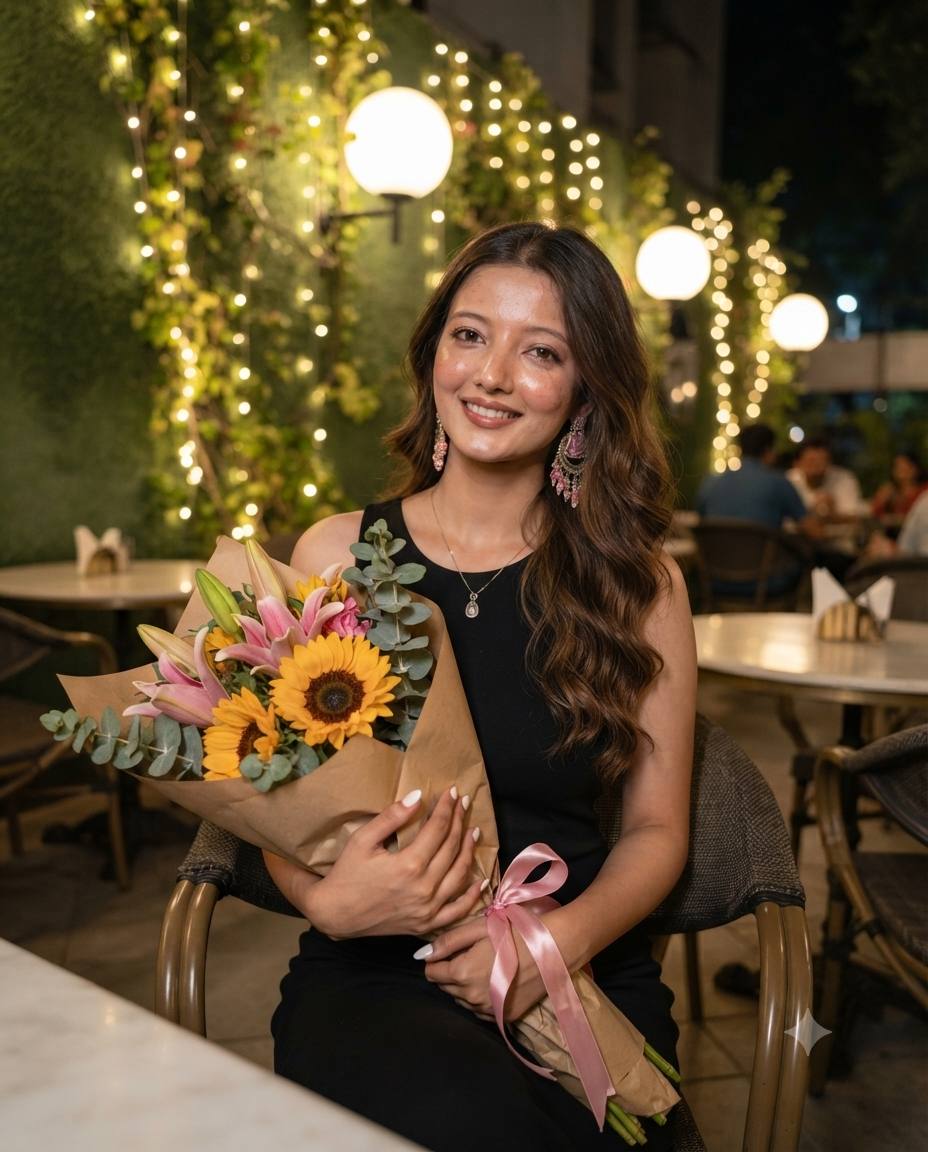 Night Café Portrait of a Young Woman with Flowers – Cinematic AI image Prompt