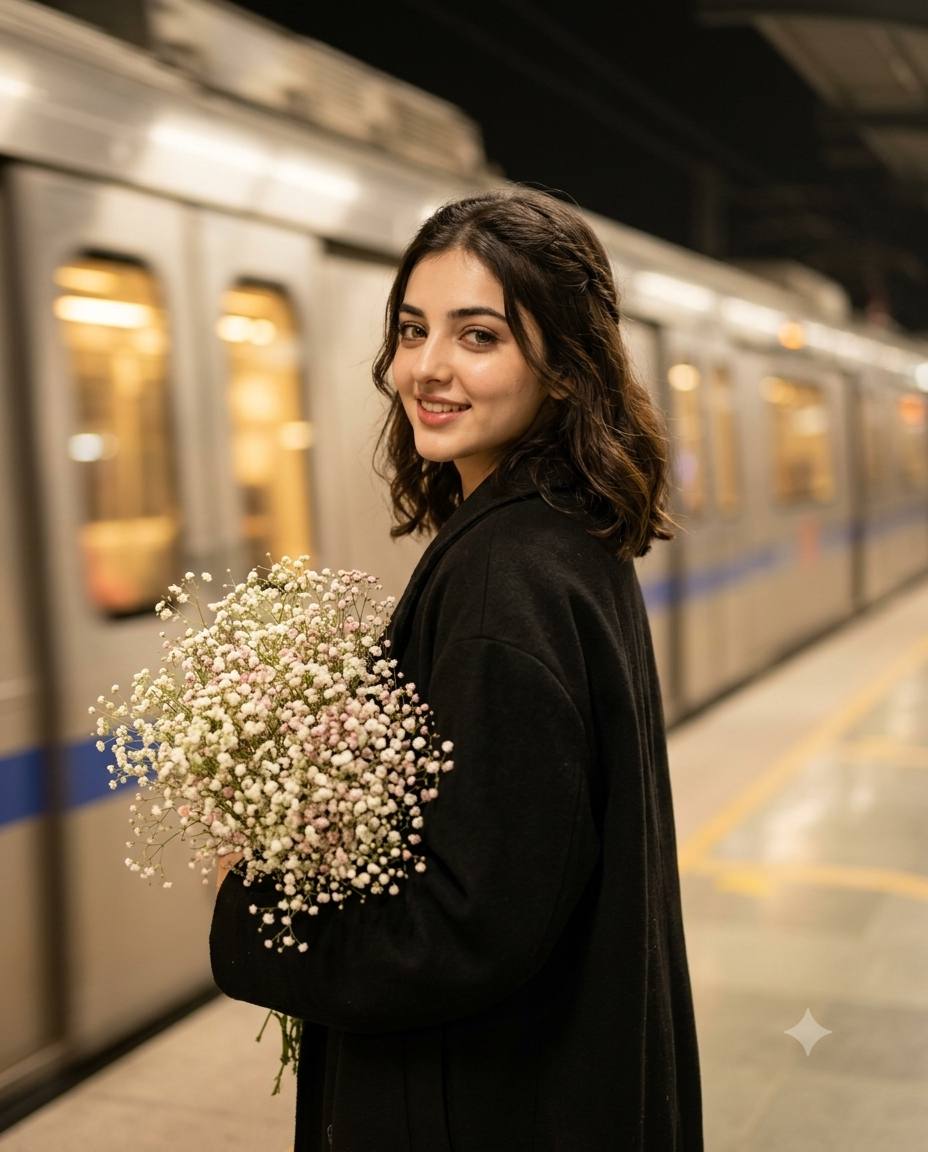 Man on Night Metro Platform with Flower Bouquet | Cinematic AI Image Prompt