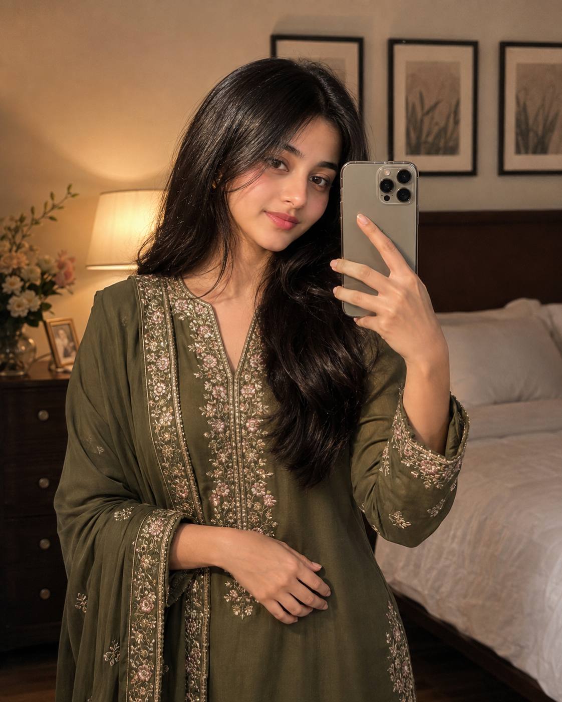 Ultra-Realistic Olive Green Embroidered Suit Mirror Selfie AI Photo Prompt