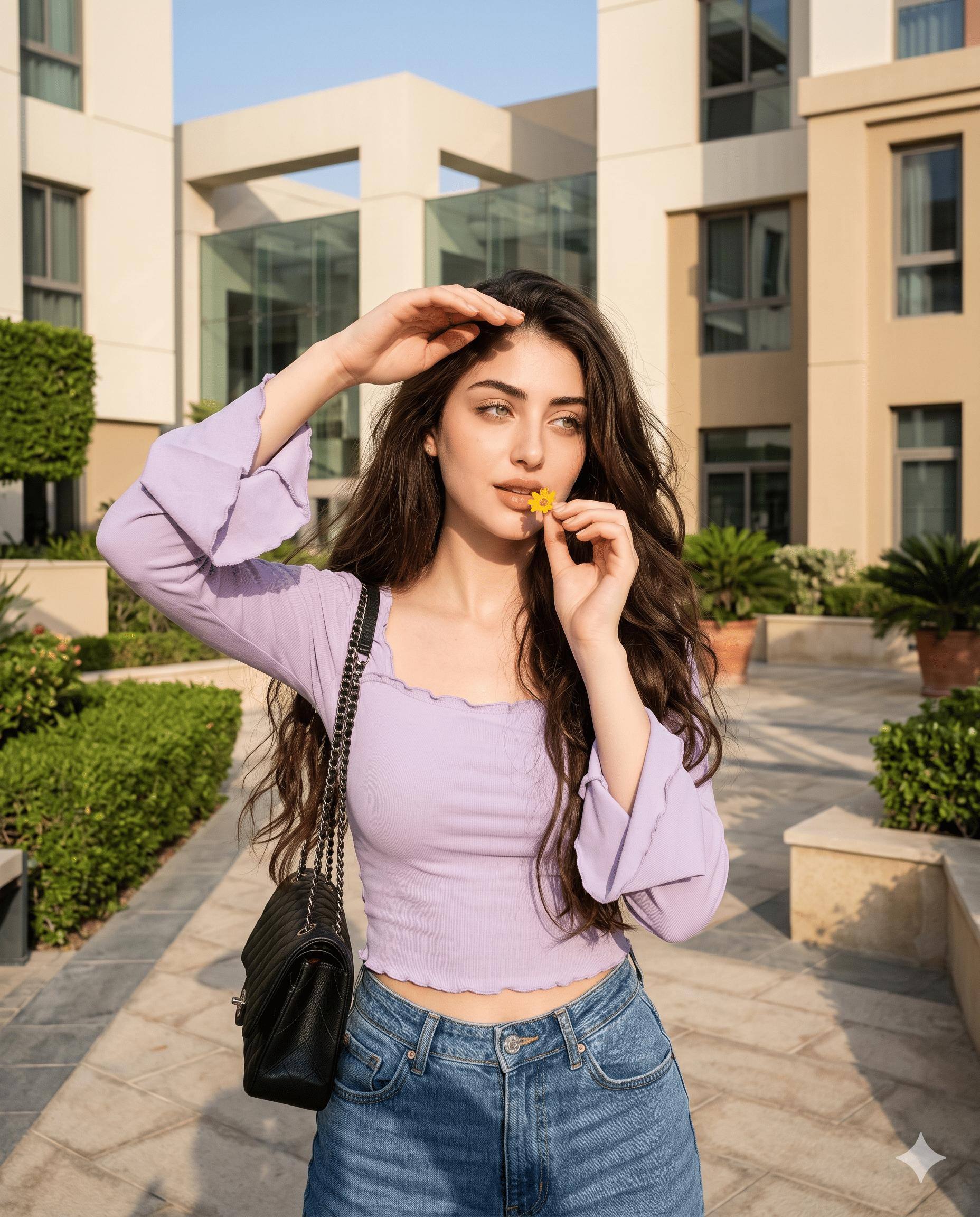 Lavender Crop Top Woman AI Image Prompt Gemini | Blue Jeans & Golden-Hour Fashion Photography