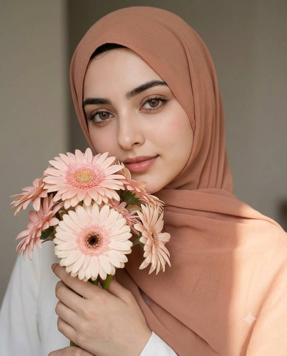 Ultra-Realistic Peach-brown hijab AI prompt | Pink gerbera bouquet & soft light