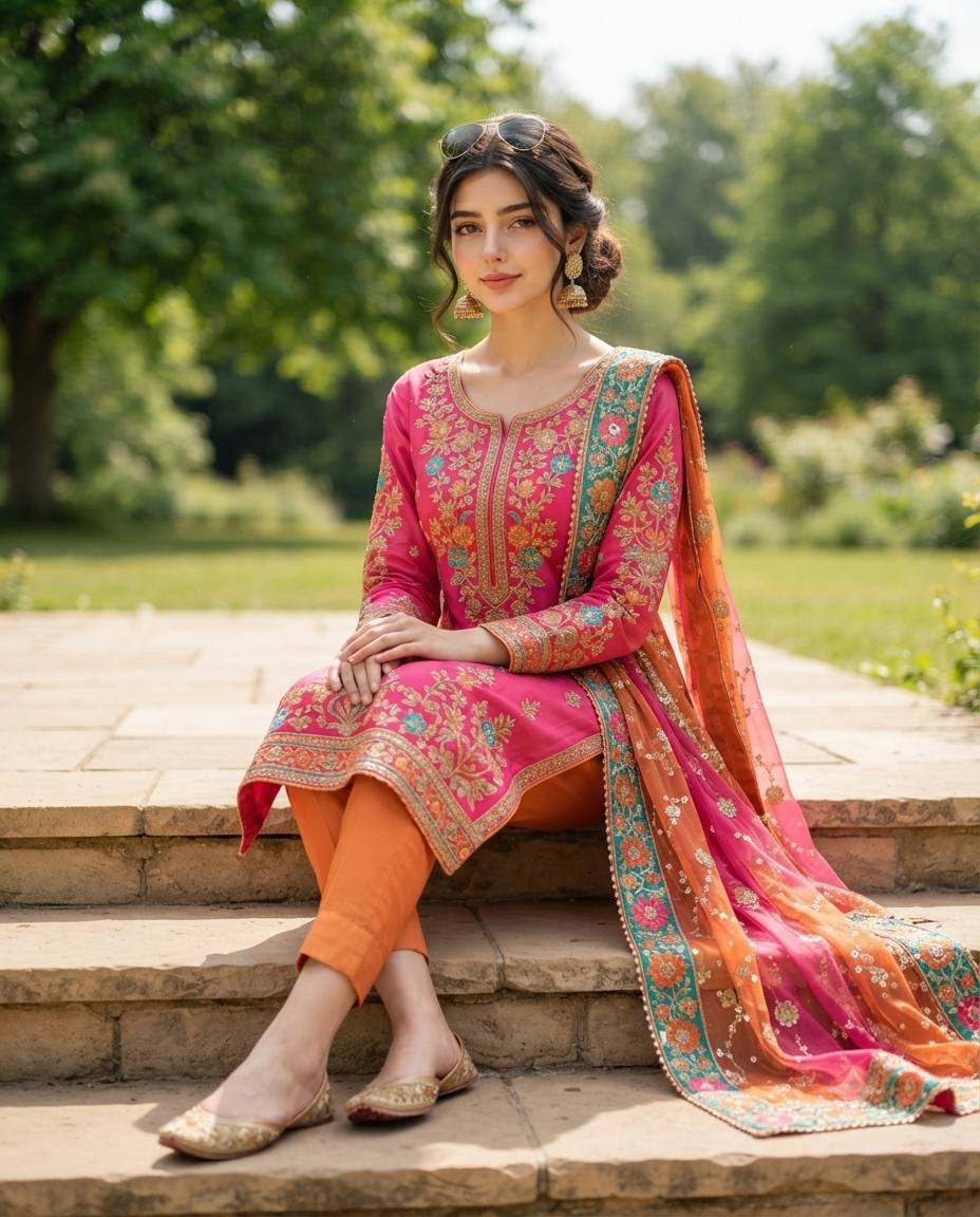 Pink & Orange Salwar Suit Portrait of an Indian Woman AI Prompt | 8K Cinematic AI Photography