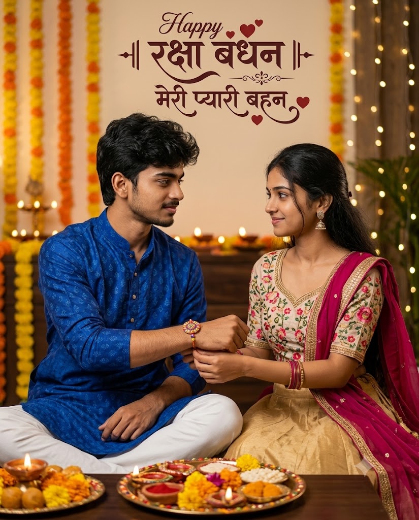 Ultra-Realistic Raksha Bandhan Portrait AI Prompt Brother & Sister Festive Moment