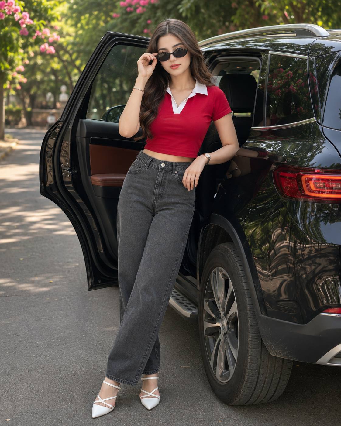 Ultra-Realistic Red Crop Top Fashion Portrait Beside a Luxury Black SUV AI prompt