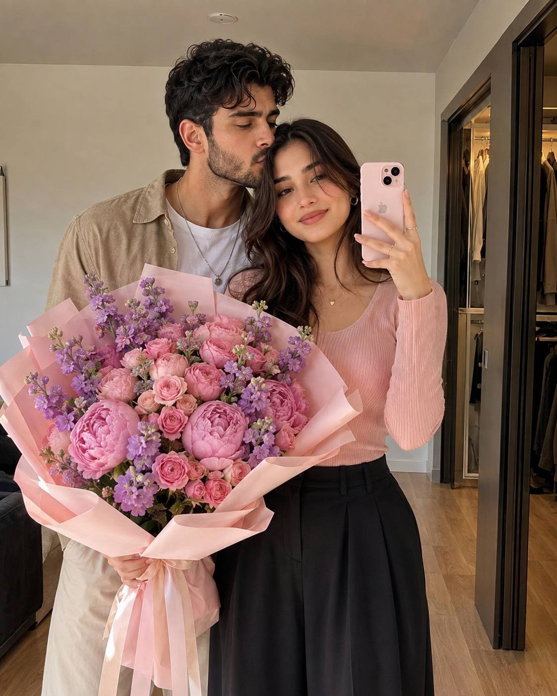 Ultra-Realistic Romantic Couple Mirror Selfie with Luxury Pink Flower Bouquet | 8K AI Photography Prompt