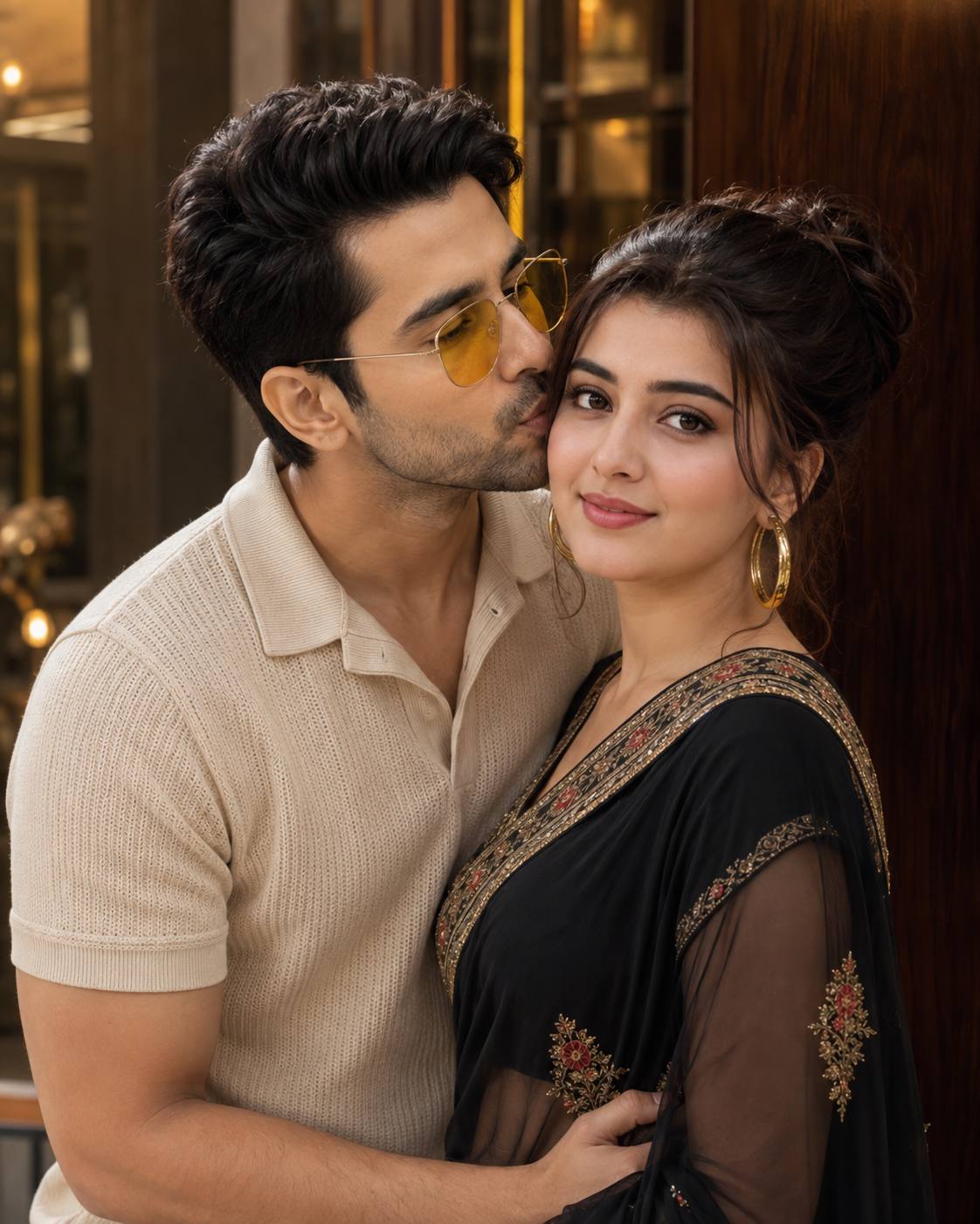 Ultra-Realistic Romantic South Asian Couple Cheek Kiss Saree Portrait AI Image Prompt