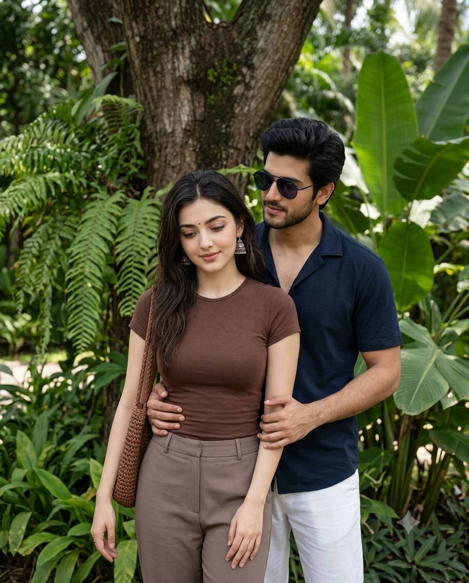 Ultra-Realistic Romantic Tropical Garden Couple Portrait with Dual Face Identity Lock | 8K AI Image Prompt