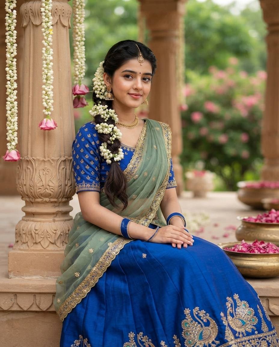Royal Blue Lehenga Portrait of an Indian Woman in Heritage Courtyard | 8K AI Photography