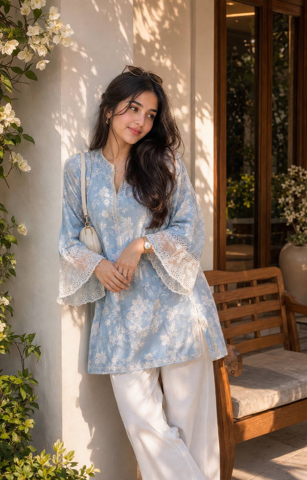 Ultra-Realistic Sky Blue Floral Kurti Fashion Portrait for AI Image Generation