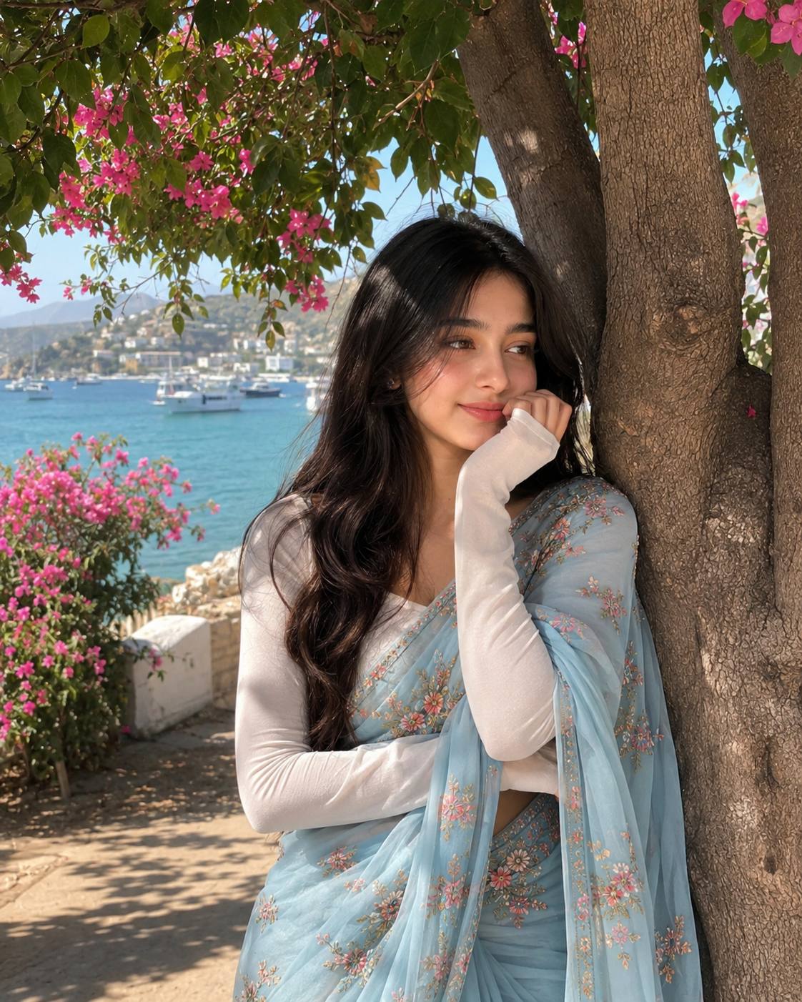 Ultra-Realistic Sky Blue Saree Portrait Under Pink Bougainvillea by the Sea | AI Photo Prompt