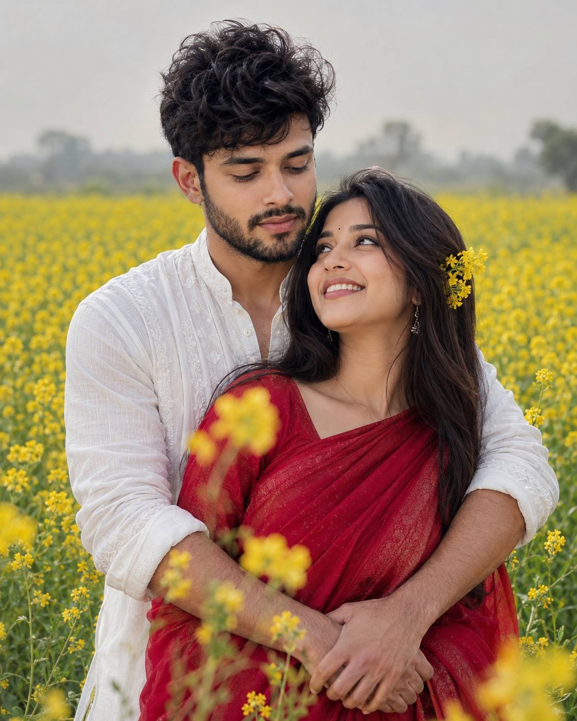 South Asian Couple Embracing in Mustard Field AI prompt | Romantic Golden Hour Portrait
