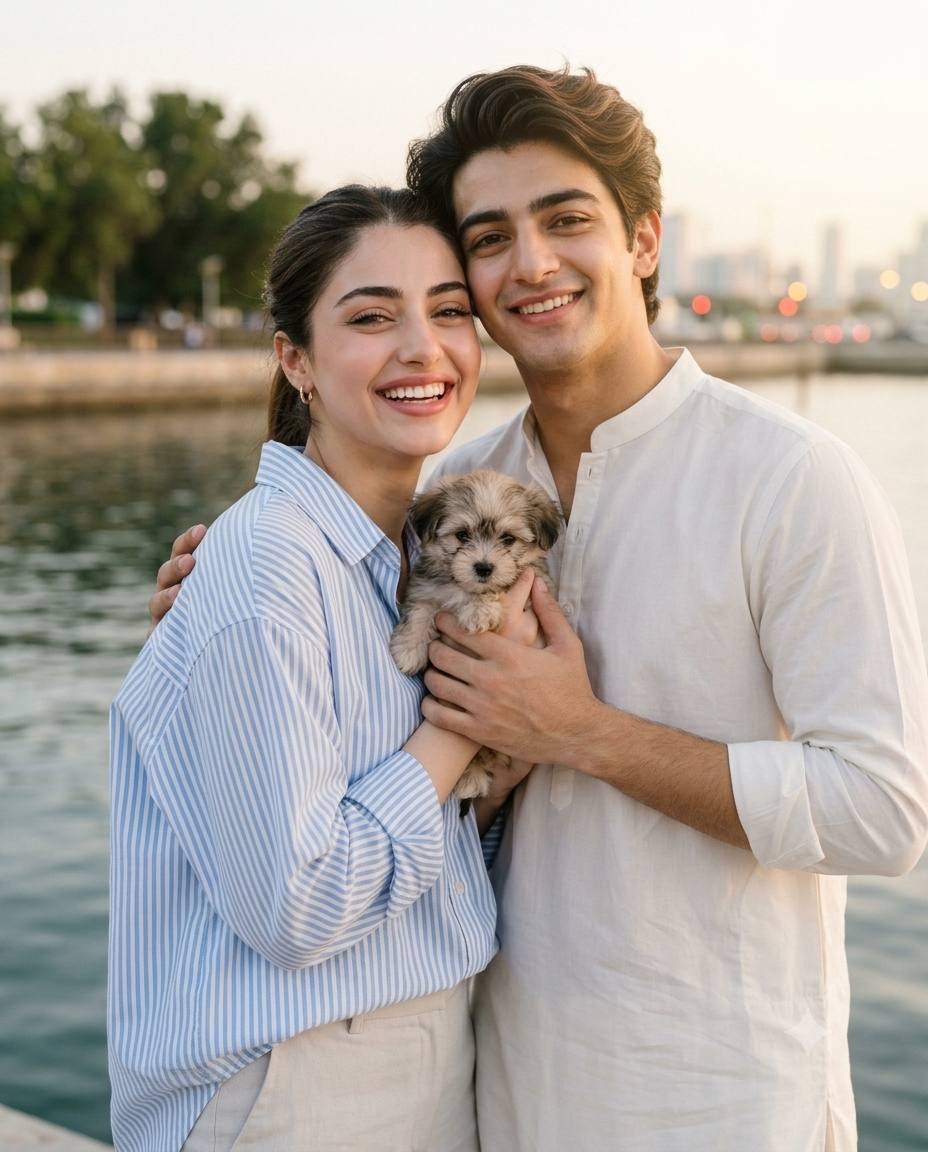 Ultra-Realistic Couple Holding Cute Puppy Waterfront Portrait AI Image Prompt